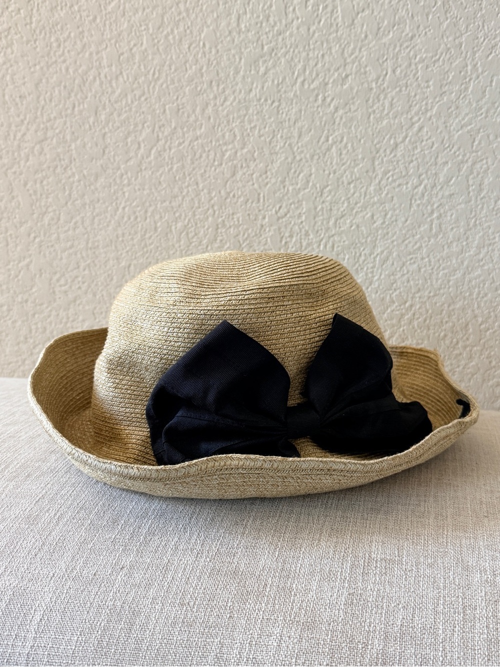 Women Straw Sun Hat with Black Bow